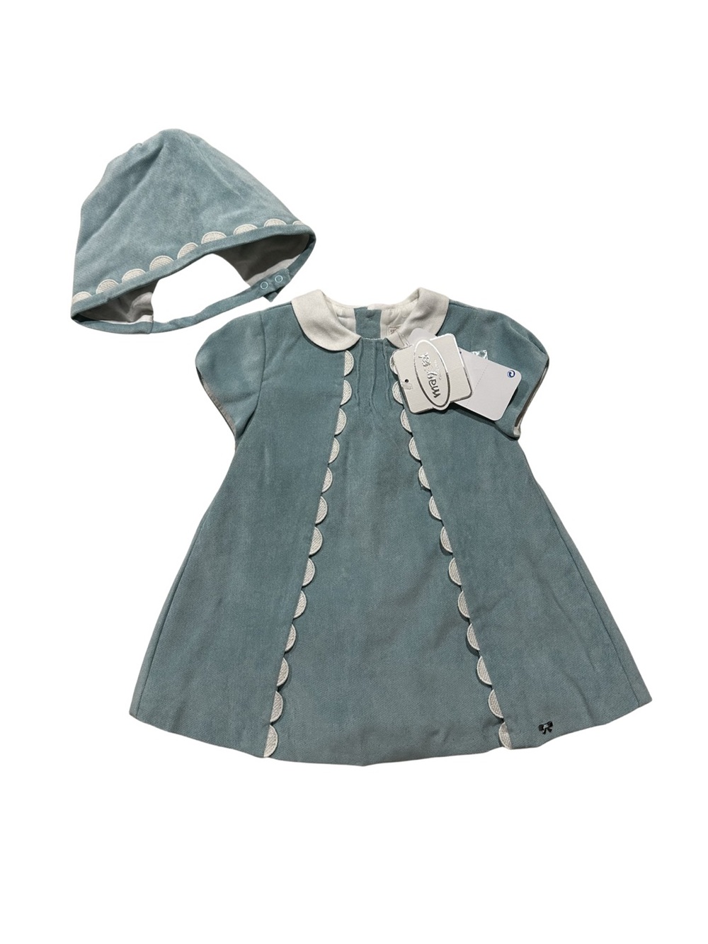 Mayoral Infant Dress w/ Bonnet Ice Blue Scalloped Collar Designer Girls 6-9m